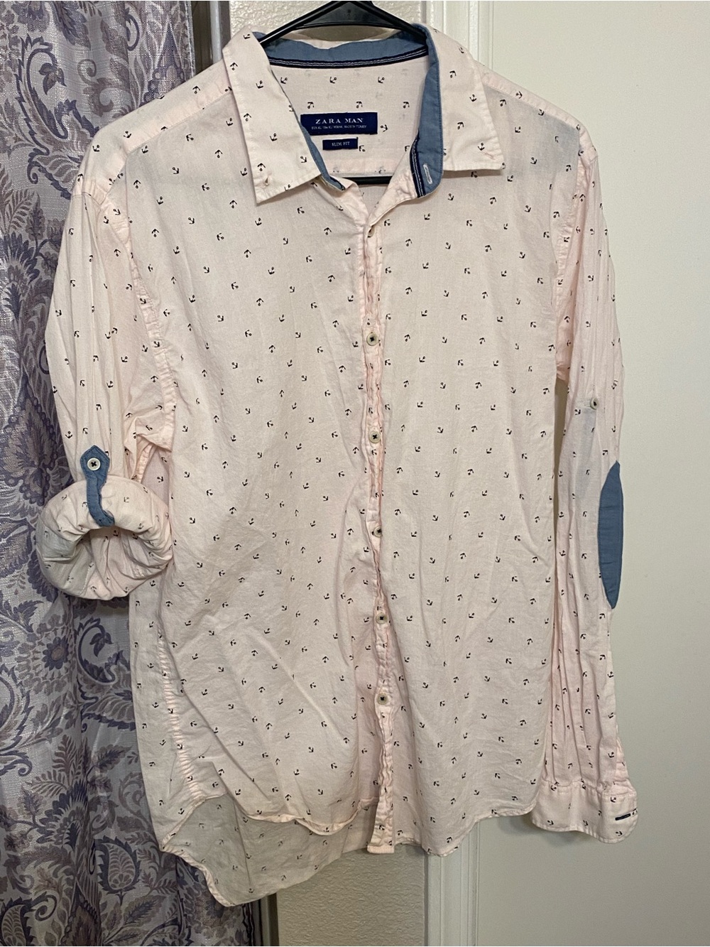 RAD Zara Men’s Light Pink Shirt W/ Mini Anchors & Denim Blue Elbow Patches Sz LG